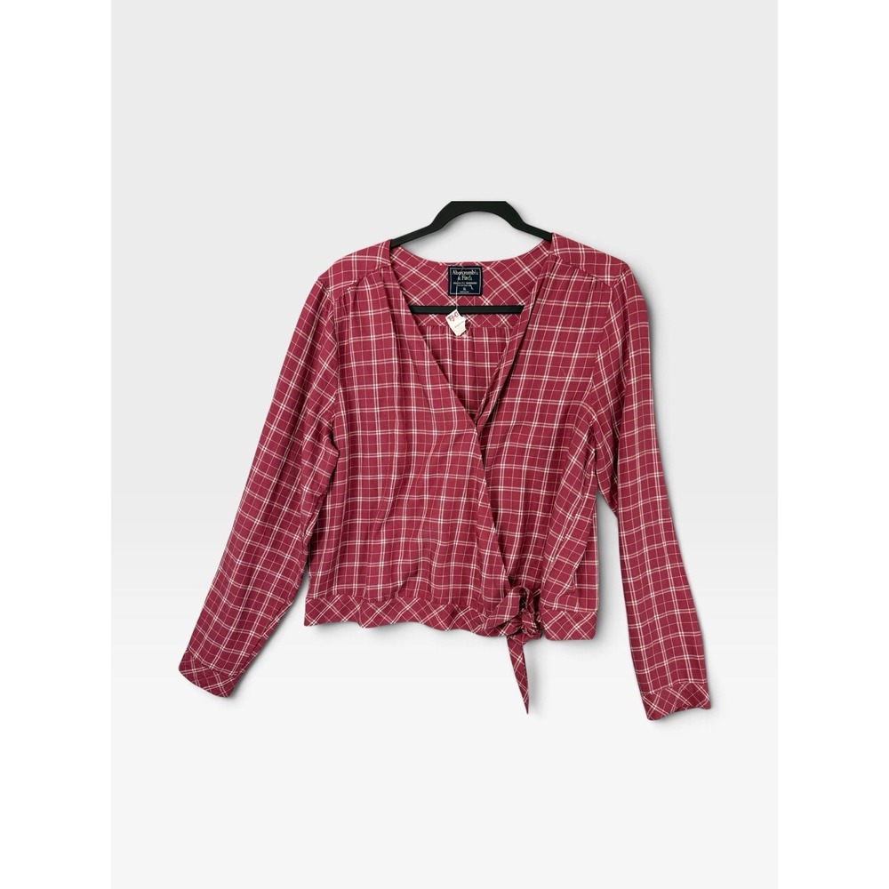Abercrombie Womens Burgundy Plaid Wrap Front Flannel Shirt Long Sleeve Size XL